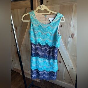 Jessica Simpson Turquoise and Navy Lace Midi Dress